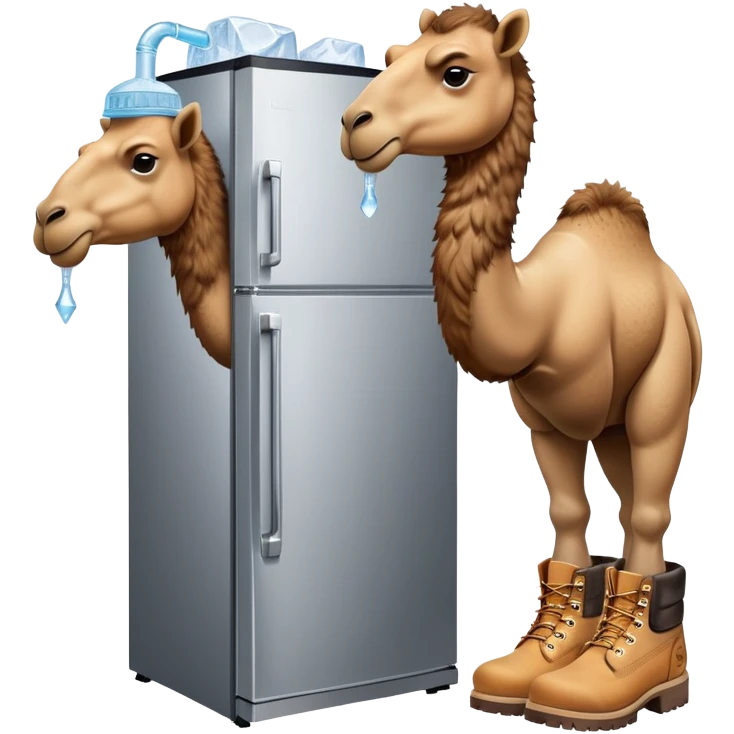 A desert camel head and neck attached to a stainless steel refrigerator body with ice dispenser, wearing classic Timberland-style work boots emoji