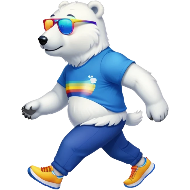 strong-looking friendly anthropomorphised polar bear walking with a confident stride, wearing a royal blue t-shirt, black pants, trainers, and colorful rainbow glasses emoji