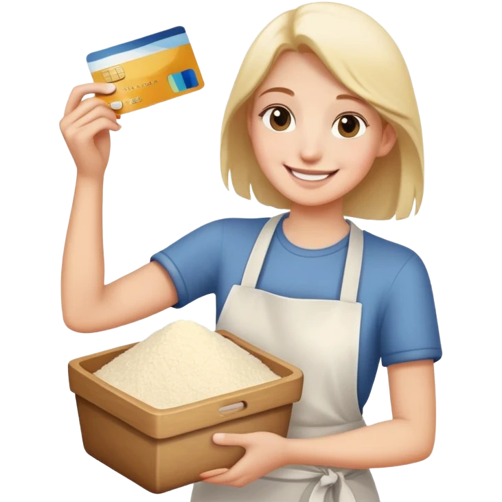 Happy emoji with a credit card in hand and pile of flour emoji