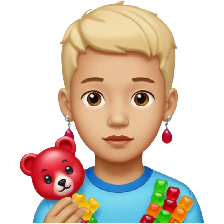 boy with a lot of accessories and earrings made out of candy emoji