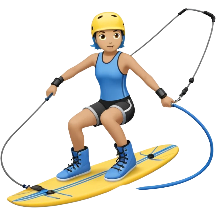 A person wakeboarding with one leg forward, the other bent for balance, leaning slightly back while holding a tow rope. Wearing a blue top, black shorts, gray boots, on a yellow board with small water splashes below. emoji