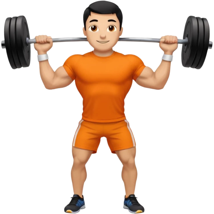 Mach mir einen glücklichen typen der im gym trainert und viele muskeln hat mit einem orangen sport thshirt und schwarzen kurzen haaren emoji
