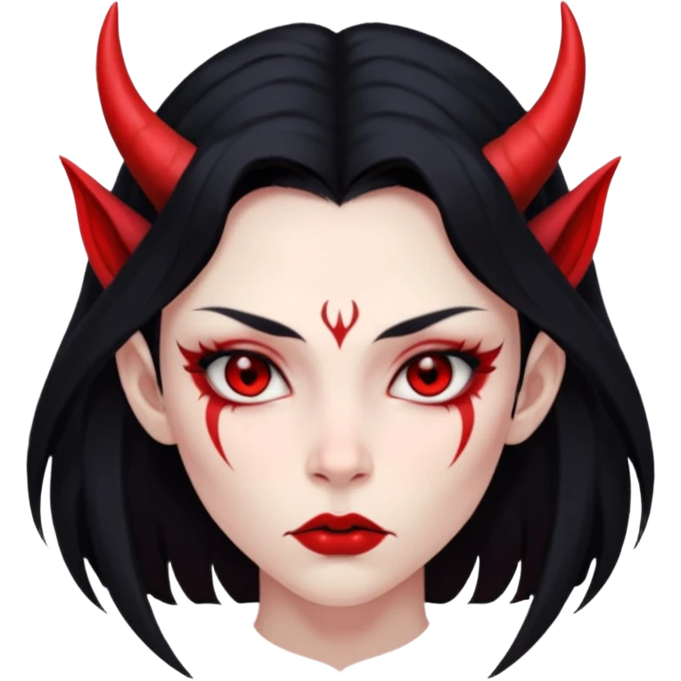Head only: demon girl, 100% red skin, long black hair, small horns, sharp cheekbones, serious eyes, full lips, pointed ear; centered, no body, no text. emoji