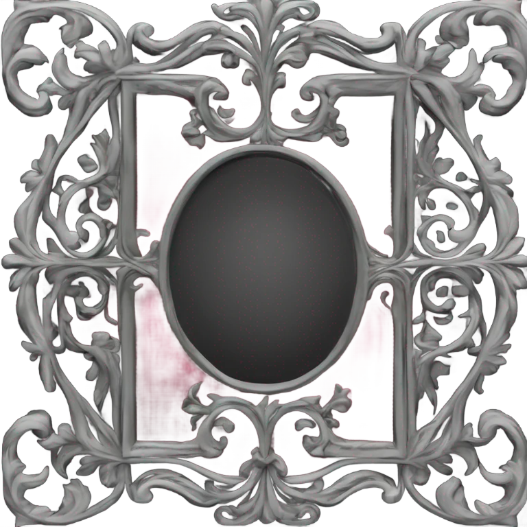 "Design a Victorian Gothic mirror with an ornate black frame featuring scrollwork and filigree. Include accents of dark red and burnt pink. The mirror glass should be gray, creating a mysterious and somber look." emoji