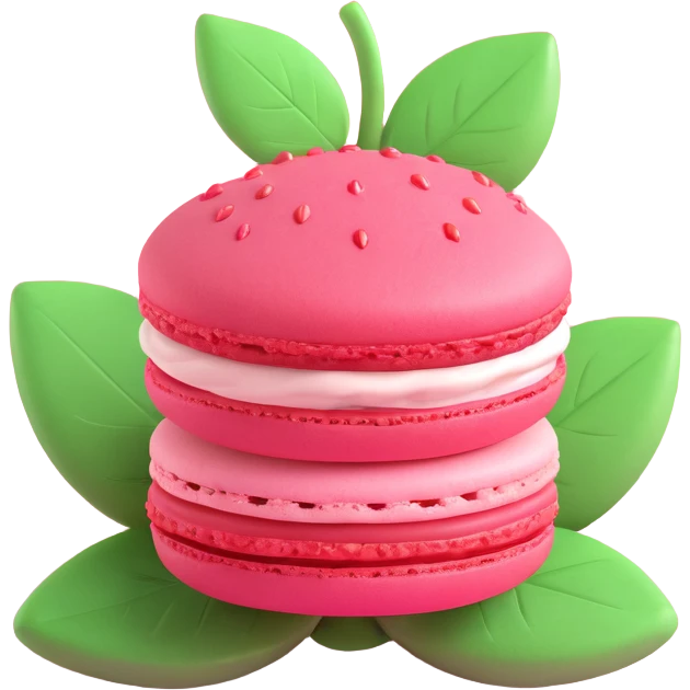 A strawberry macaron with a green leaf on top, in 3D iOS style, pastel pink and green colors, soft shadows, clean and minimalistic design emoji