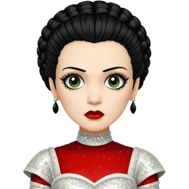 Bride of Frankenstein with black hair, ivory sequin outfit emoji
