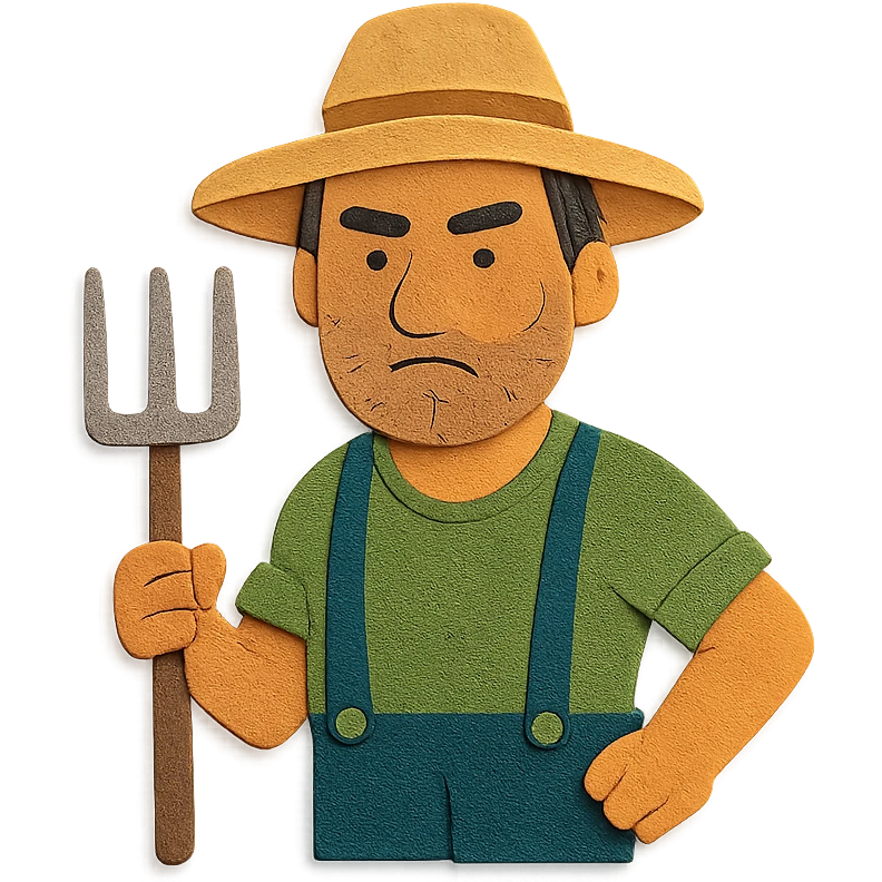 paper craft style illustration of a determined middle-aged farmer, sun-bleached face, black hair, stubble, green trousers, suspenders, green T-shirt, straw hat, holding pitchfork, warm golden-brown textured background, bold lines, vibrant earth tones, rural America emoji