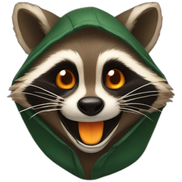 brown raccoon with orange eyes and a dark green hood that is laughing emoji