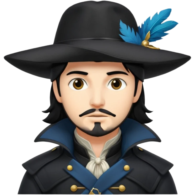 Athos, black hair, musketeer in black trench coat emoji