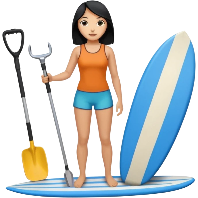 Surfer(woman) black hair holding her cell phone and long garden shovel with another hand. Under her feet, there is one blue surfing board. emoji