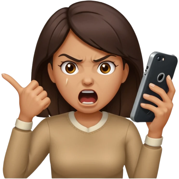 girl with an angry face shouting at her phone, dramatic, hands gripping device emoji