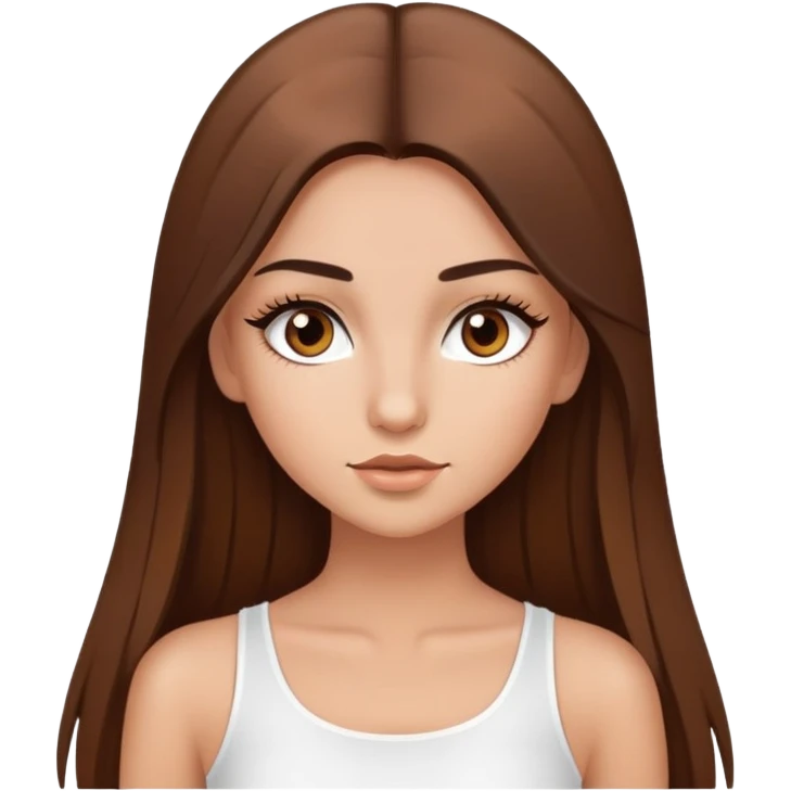 beautiful girl, long straight brown hair, brown eyes with lashes, wearing a white crop top, tan skin emoji