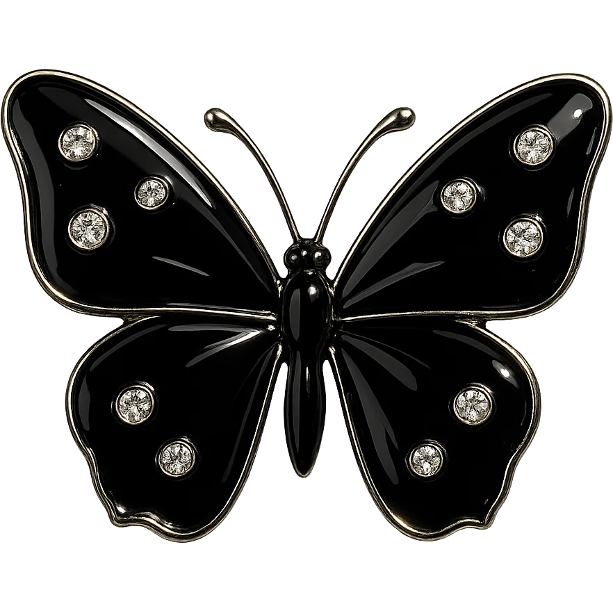 single jet black butterfly, glossy black enamel, sparkling gems emoji