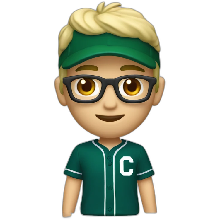 Blonde male short hair with glasses Dark green baseball uniform with hat Blue eyes and with "C" on the dark green hat. make the style slightly 3D with a diagonal angle. Crop from chest up emoji