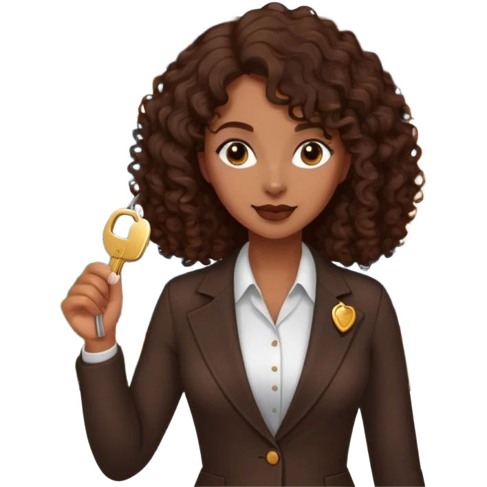 Dark brown lady with medium brown mid length curly hair in real estate job with house and keys emoji