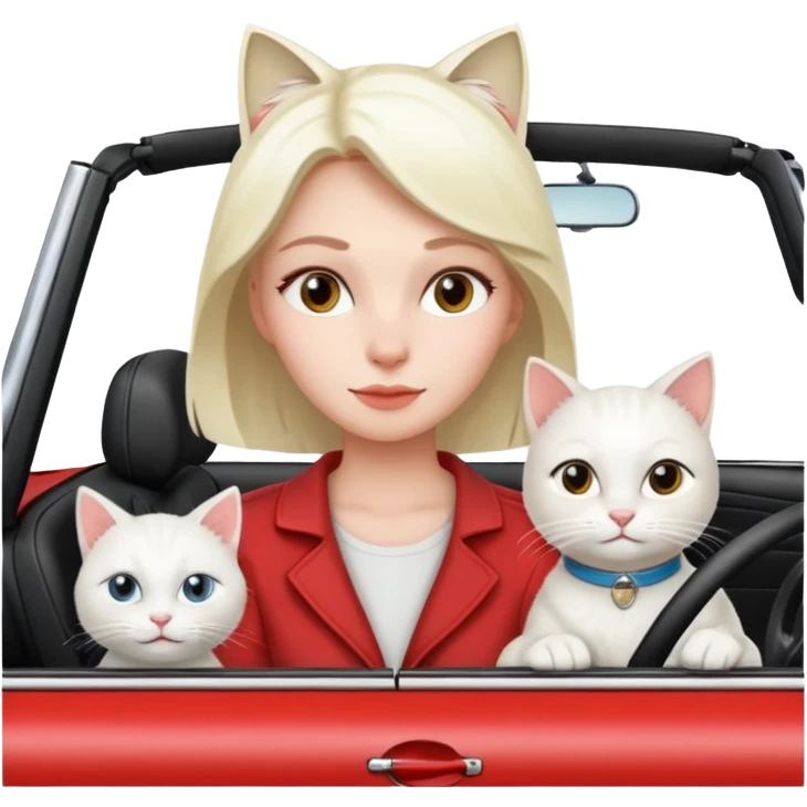 woman driving in convertible with white cat emoji