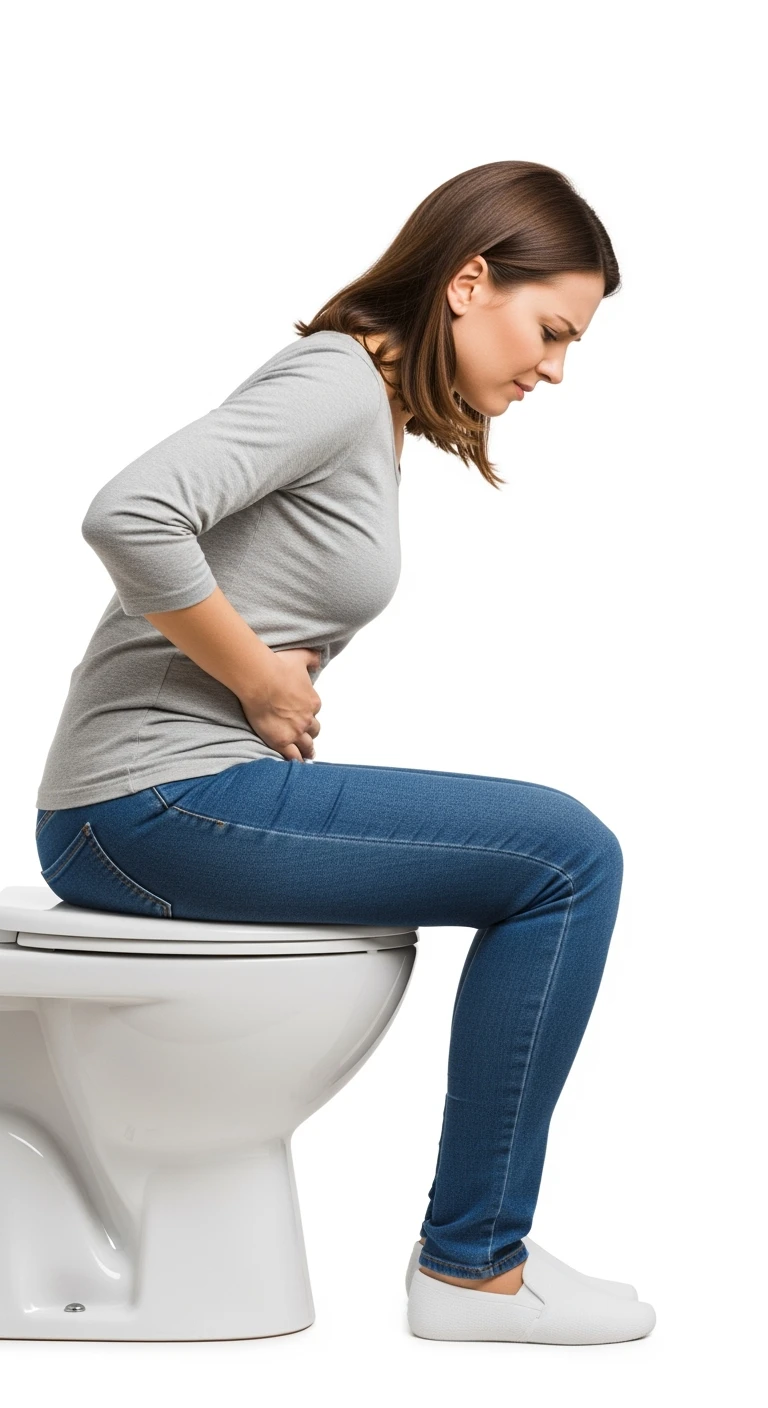DONNA SEDUTA SUL WC DI PROFILO A FIGURA INTERA CON ESPRESSIONE DI DOLORE IN VOLTO PERCHé SOFFRE DI CISTITE, SFONDO BIANCO emoji