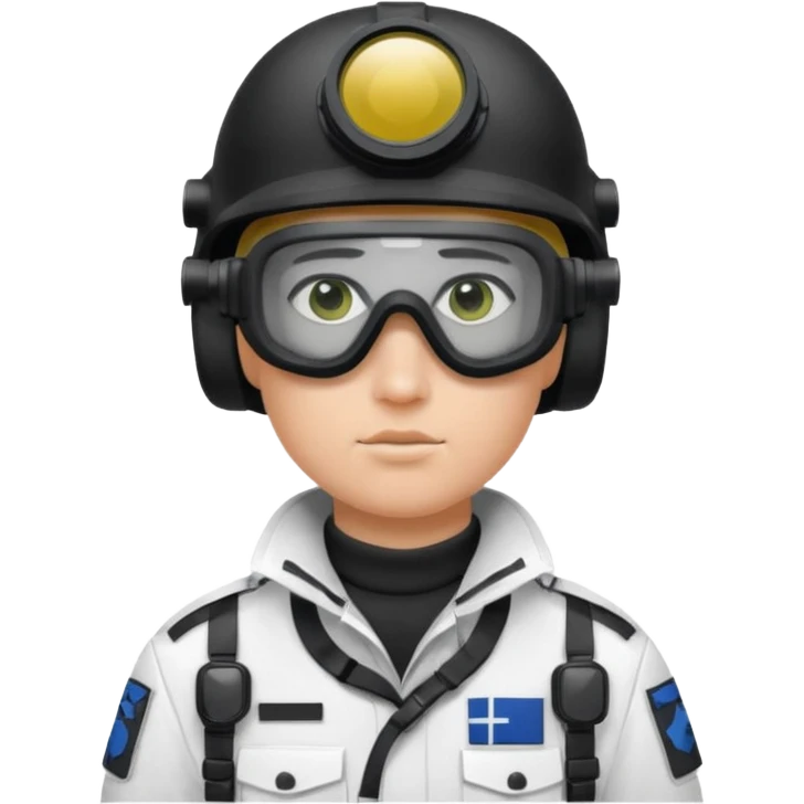 A Finnish modern soldier in a white snow uniform. with black night vision goggles emoji