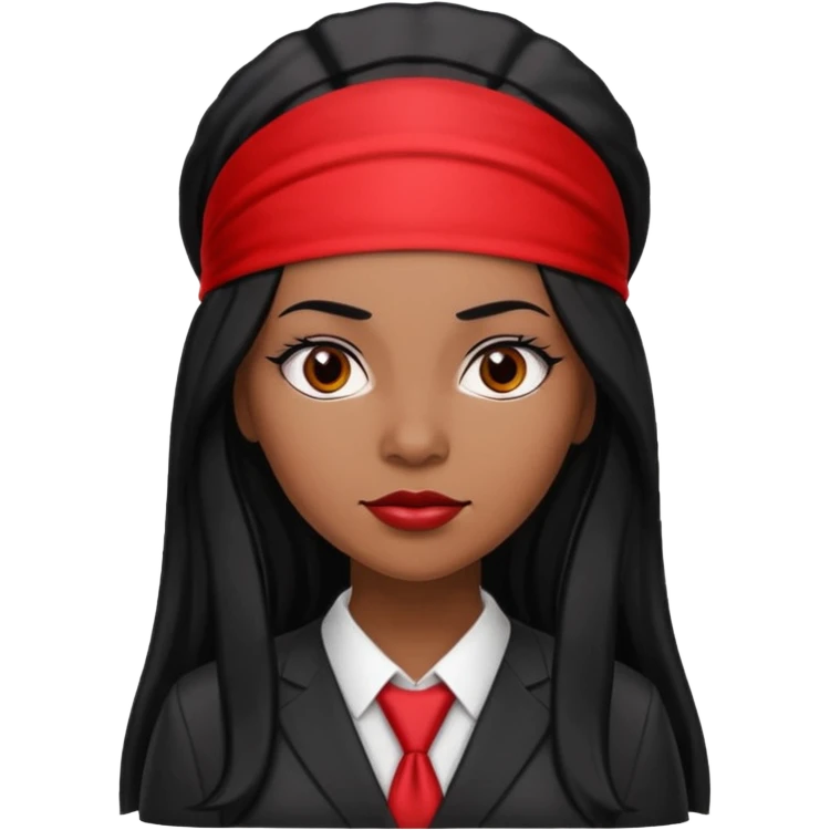 Black woman lawyer with long black hair and red headband, strong and sharp personality, confident look emoji