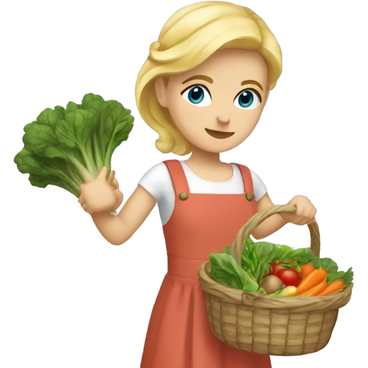Girl with blonde hair and blue eyes a sleeveless dress carrying two baskets of vegetables and greens emoji