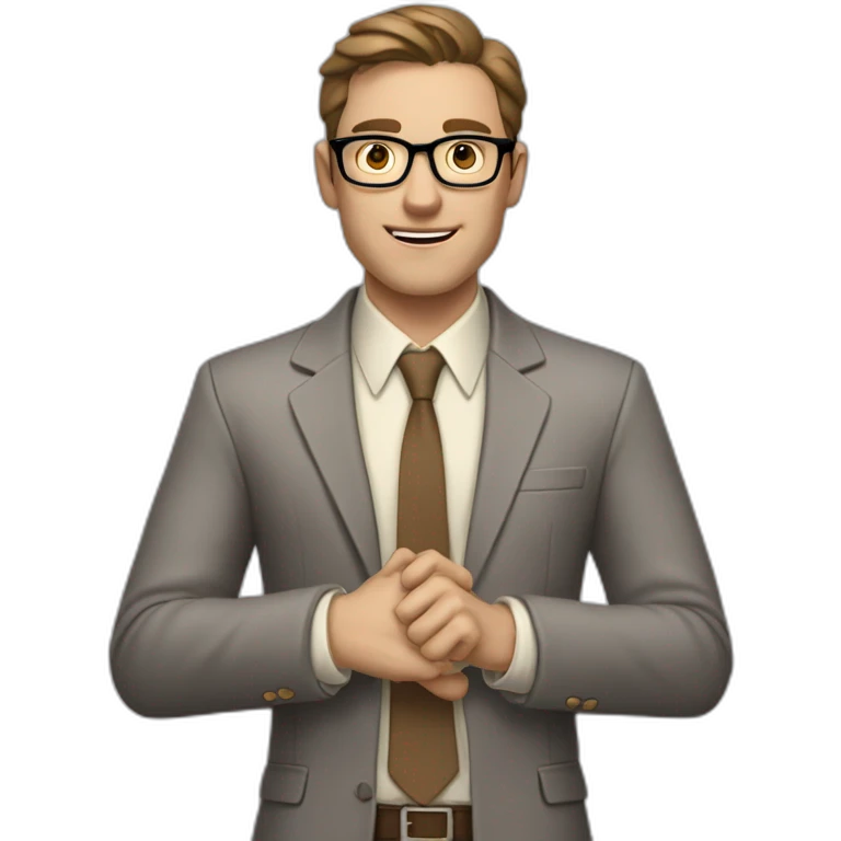 To belt Actively gesturing with hands 👌 Pale skinned fit man with dark brown hair in gray jacket, beige office shirt, brown tie, brown pants and vintage glasses. emoji