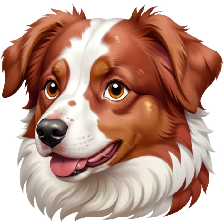 Cinematic Noble Predominantly White Red Merle Australian Shepherd Portrait Emoji, Poised and regal, with a strong, agile build and a stunning predominantly white coat with splashes of red merle, piercing blue eyes, Simplified yet sharp and sophisticated features, highly detailed, glowing with a soft, dignified glow, high shine, intelligent and loyal, stylized with an air of elegance, focused and attentive, soft glowing outline, capturing the essence of a watchful and confident herder, so majestic it feels as though it could step out of the screen with effortless authority! emoji