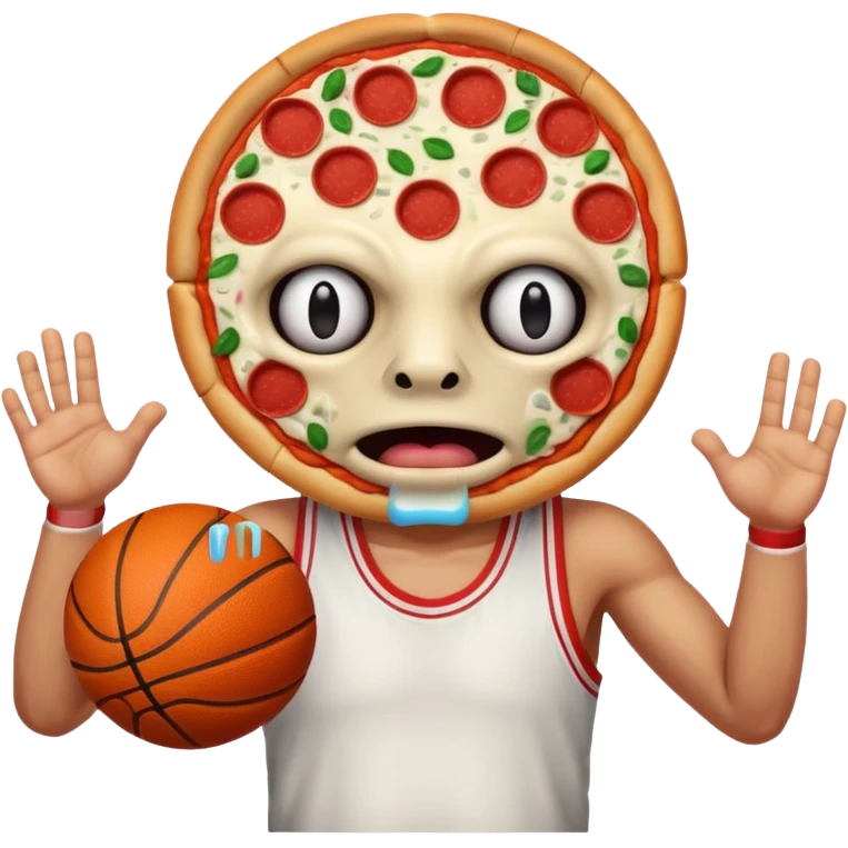 a glitch abomination with hands for a head, a baskeball stomach, pizza eyes emoji