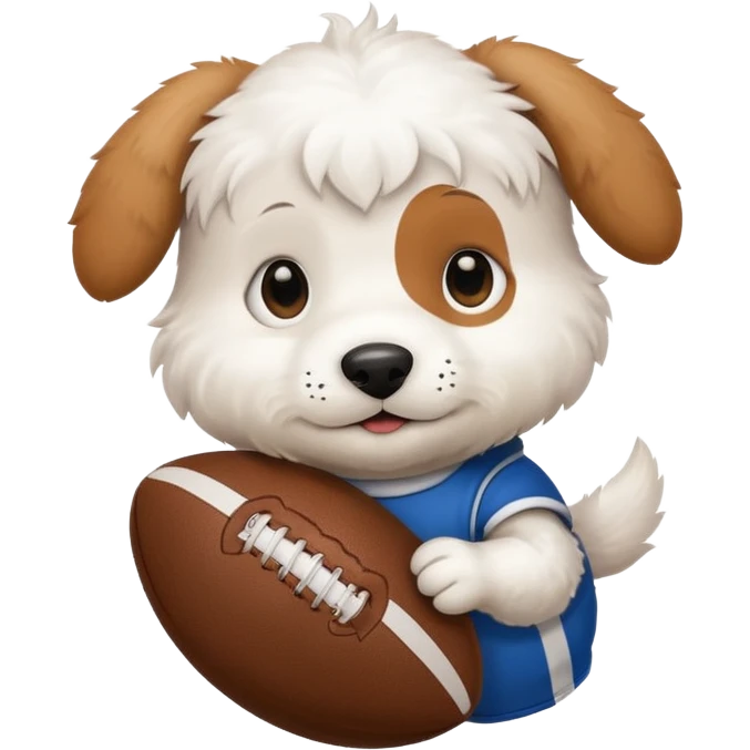 White puppy holding a rugby ball emoji