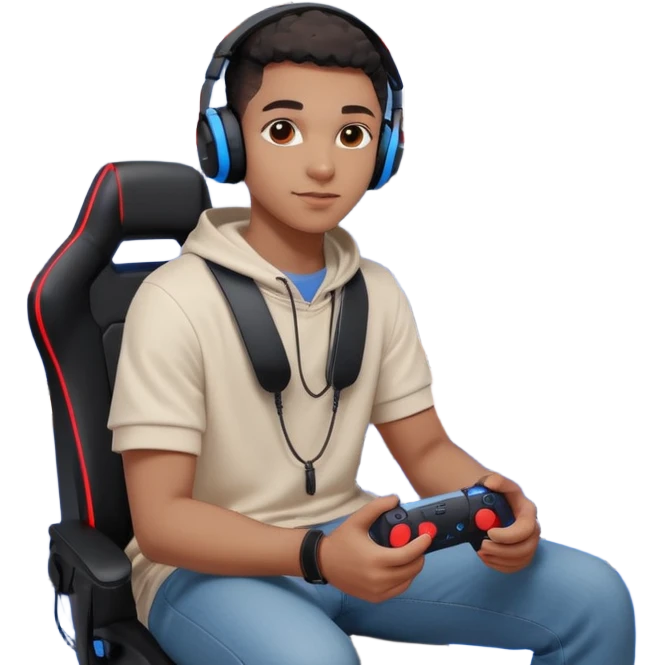 Black Muslim gamer sitting in a gaming setup with LED lights (red/blue), PS5 2025 controller in hand, confident pose, headphones around neck, posters and shelves in background, high-resolution portrait, crisp details, cinematic lighting. emoji