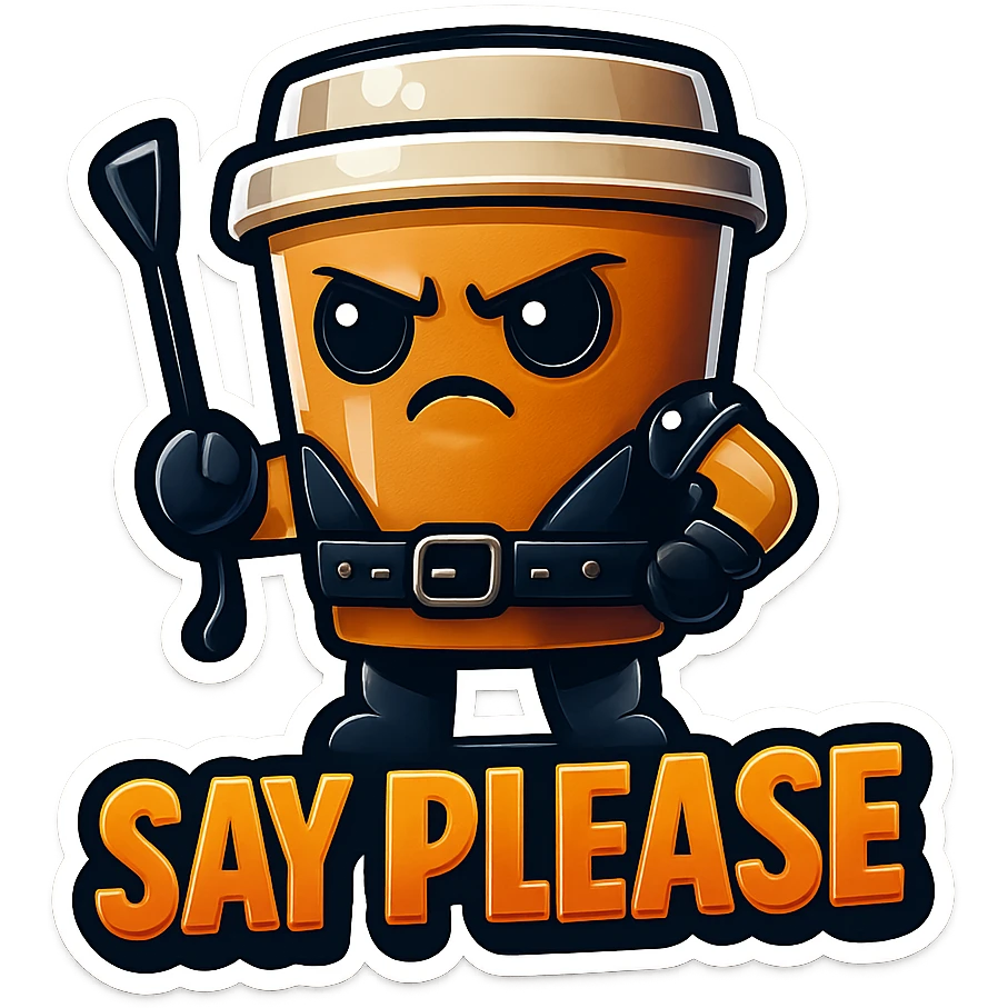Tall coffee cup, dressed in leather holding a whipping crop, eyebrow furrowed, "big "Say Please" emoji