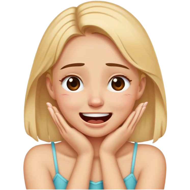 girl with hands crossed over neck making a laughing crying face emoji