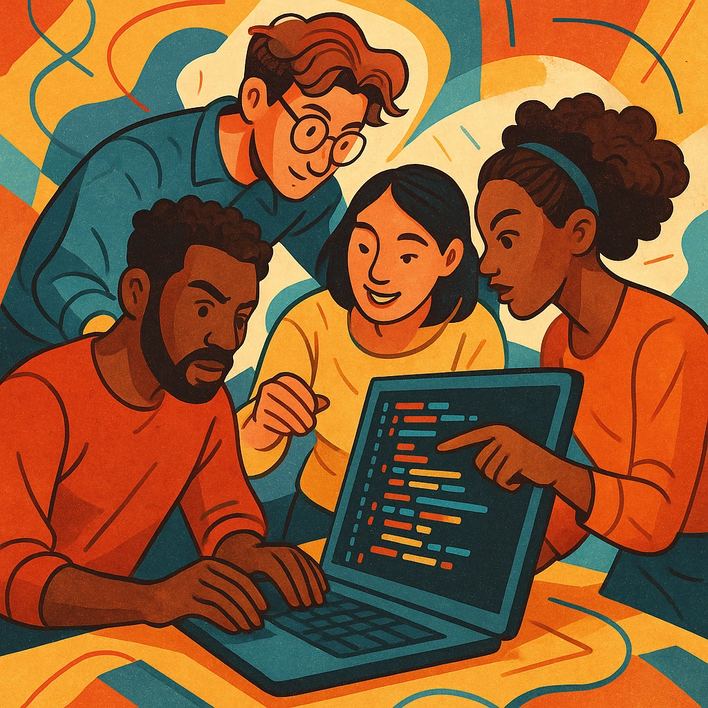 team of diverse people working together on programming, unique and creative style, collaboration, dynamic composition emoji