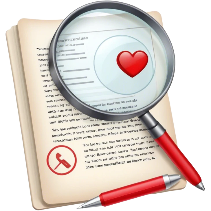 Create an emoji representing editing and proofreading. The design should feature an open document or manuscript with visible text and proofreading marks (such as red underlines or corrections). A red pen or pencil should be placed near the document, symbolizing the act of making edits. Optionally, include a magnifying glass to represent careful review. Use neutral and professional colors like white, black, and red accents to highlight the editing process. Do not include any emojis or smiley faces. Make the background transparent. emoji