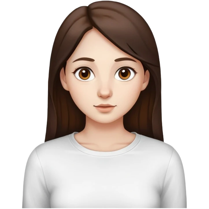 A woman with a round face, pale, light skin, big round nose, cute doe eyes, a white long sleeve shirt with a square shape cut in the t shirt near the neck area, and long dark brown hair and brown eyes  emoji