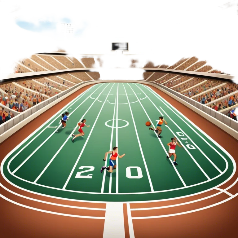 An icon featuring a stadium with cheering fans, a race track in the background, and athletes in motion. The scene includes a football, basketball, and running lanes, symbolizing the energy and excitement of live sports events. transparent background, it captures the thrill of competition. emoji