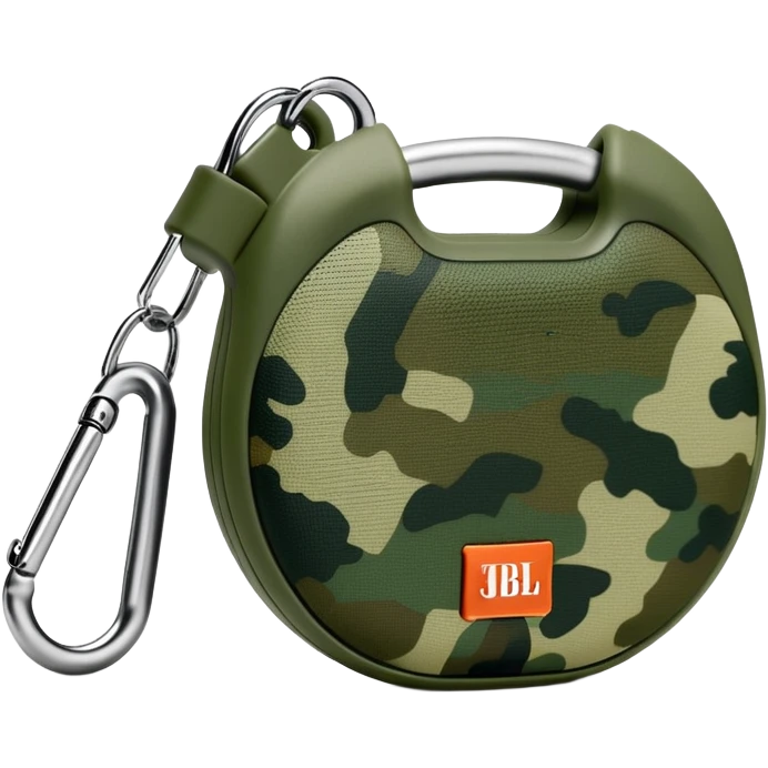 JBL Clip 4 bluetooth speaker with green camo pattern, minimalist iOS emoji style with carabiner clip emoji