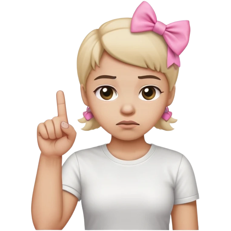 wearing s wihite tshirt, frowning with a furrowed brow, raising its middle finger, pink bow tied around the middle finger emoji