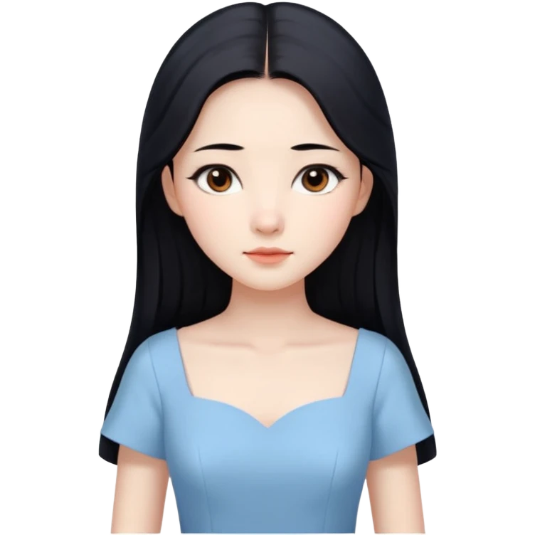 Chinese woman with a serene expression, long black hair, brown eyes, elegant pale blue dress emoji