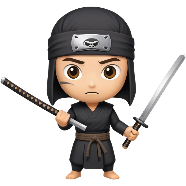 A takeout coffee cup with cartoon eyes, a ninja headband around its lid, and holding a katana in a battle stance emoji