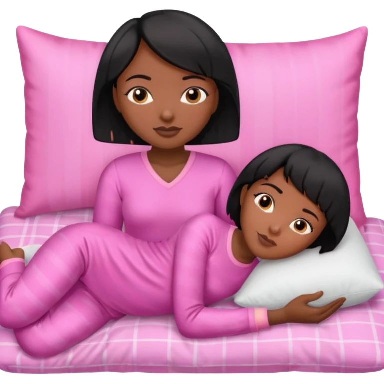 Dark skin Black woman with short  black bob  hair, pink pajamas laying on pillow just me  emoji