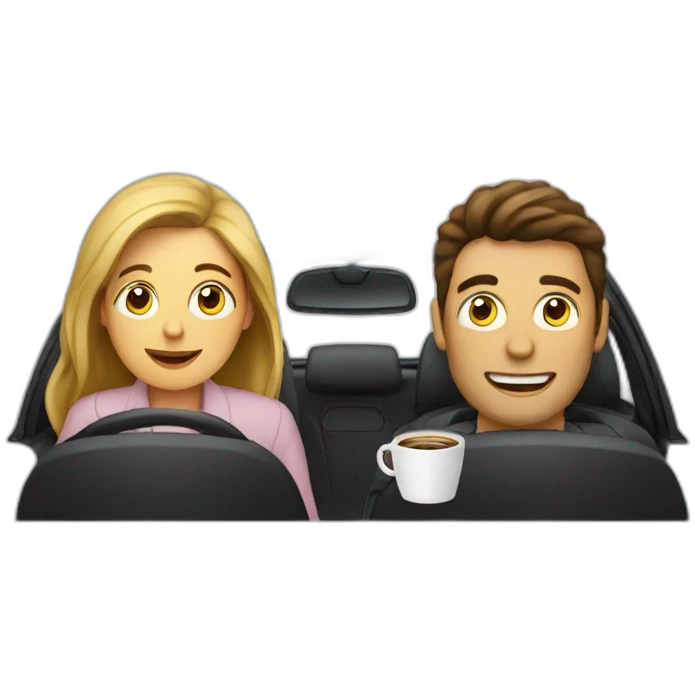 À woman and a man in a car with coffee emoji