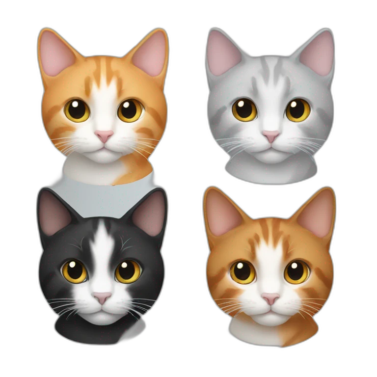 four cats, one black, one black and wthite, one ginger and one grey and white emoji