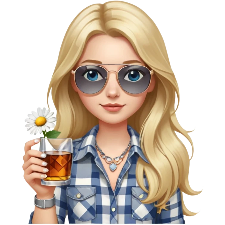 girl with long blond hair with a daisy in her hair, wearing grey/white plaid shirt, with blue eyes and aviator sunglasses, wearing a ring on her silver necklace around her neck, holding a glass of whiskey, wearing rose gold apple watch,  emoji