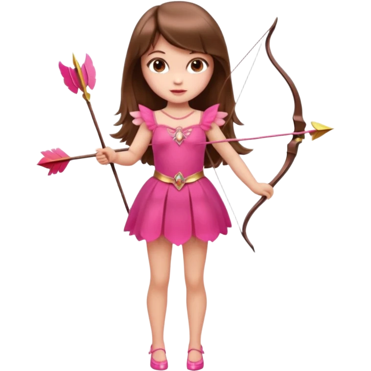 Hada de piel clara cupido pequeña  de cabello largo lacio castaño con flequillo y ojos cafés  vestida con algo sensual semitransparente corto color blanco o rojo con 1 arco y una sola flecha que combinen y labios rositas tipo Barbie pero en hada cupido de cuerpo completo de pies a cabeza   emoji
