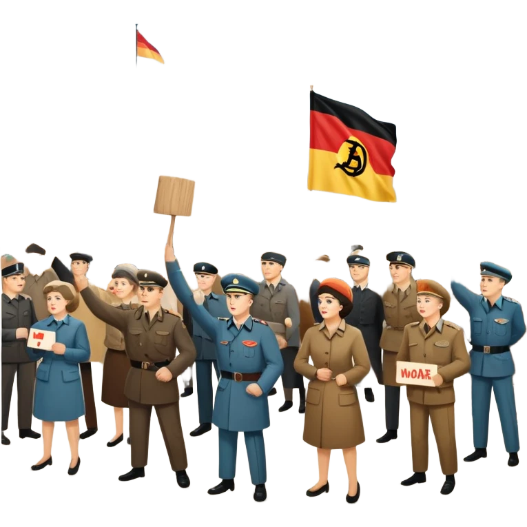 East German protest scene with people holding protest signs, DDR flag, Berlin Wall, subdued mood, 1950s emoji