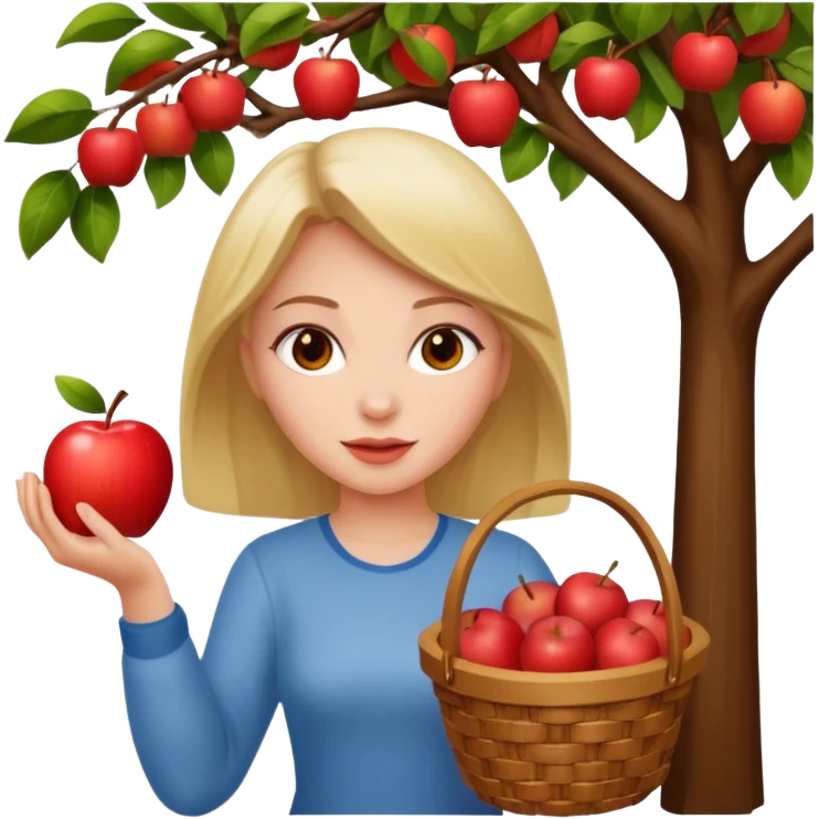 Attractive Girl picking an apple off a tree with a basket of apples emoji