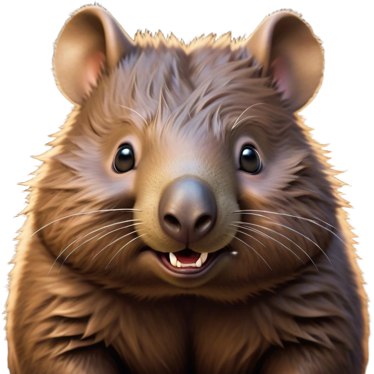 Cinematic Comical Wombat Portrait Emoji, Head tilted dramatically with an exaggeratedly amused expression, featuring a striking, glossy shaggy brown fur with bold textures and wide, expressive eyes filled with playful disbelief, Simplified yet hilariously expressive features, highly detailed, glowing with a slightly sassy glow, high shine, dramatic yet playful, stylized with an air of cheeky bush mischief, bright and endearing, soft glowing outline, capturing the essence of a spirited and over‐the‐top wombat, so meme‐worthy it feels like it could snort its way into internet fame instantly! emoji