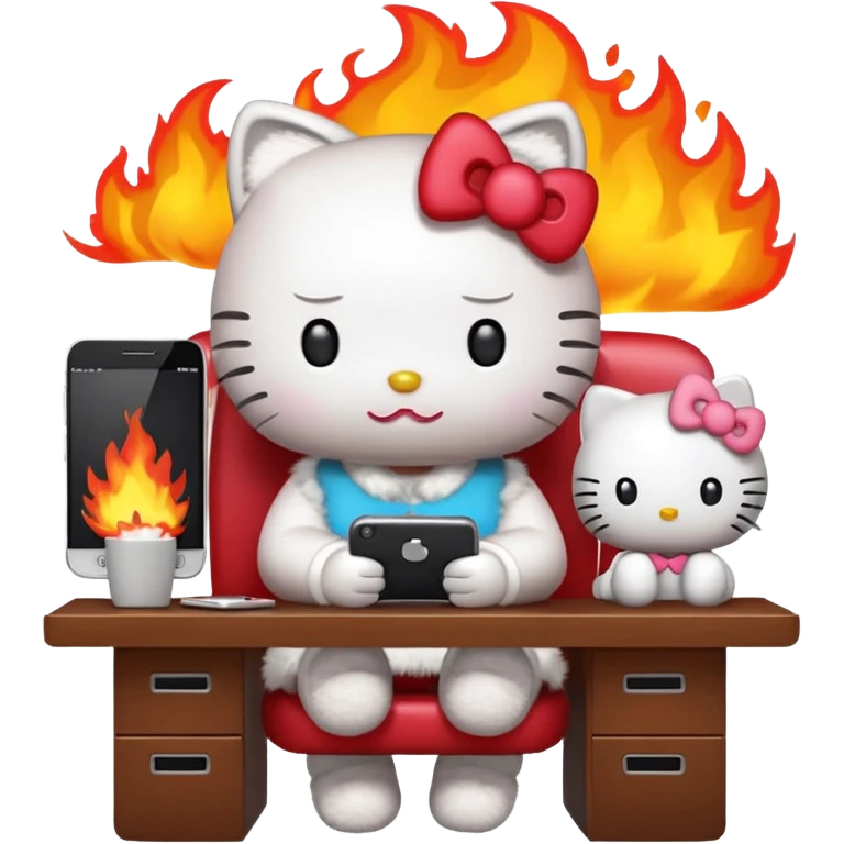 Apple-style emoji illustration of hello kitty character calmly sitting at an office desk, looking at a smartphone and looking relaxed, while the office behind her is subtly on fire. emoji