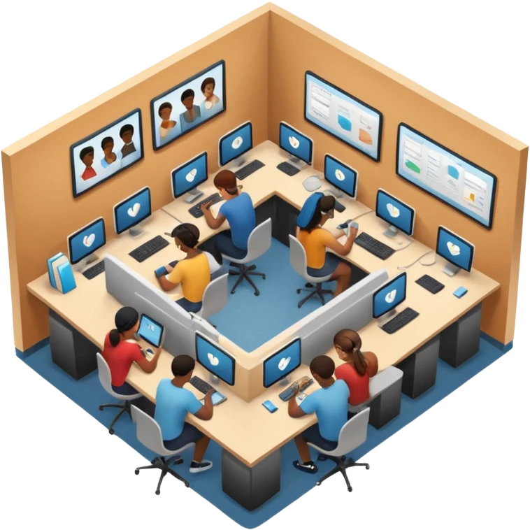 Birdseye view of large study space with students working separately add students wearing Vision Pro headsets emoji