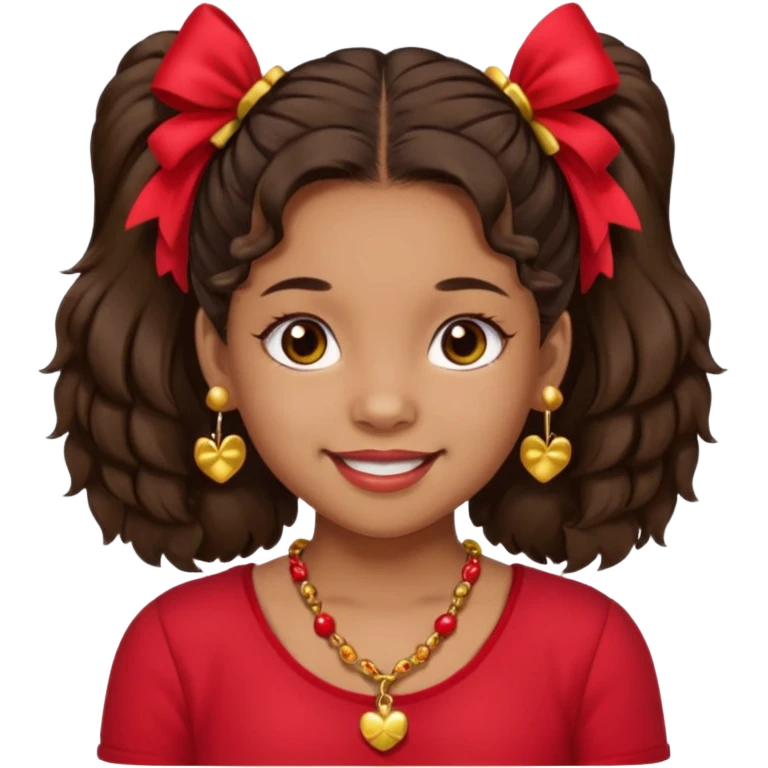 Brownskin girl dark brown hair fluffy. pigtails with red bows brown eyes smiling closed mouth red shirt gold esrrings gold necklace emoji